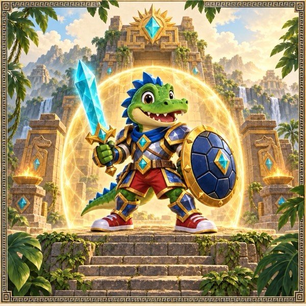 Tatazo as a Knight, with a crystal sword and a turtle-shell shield